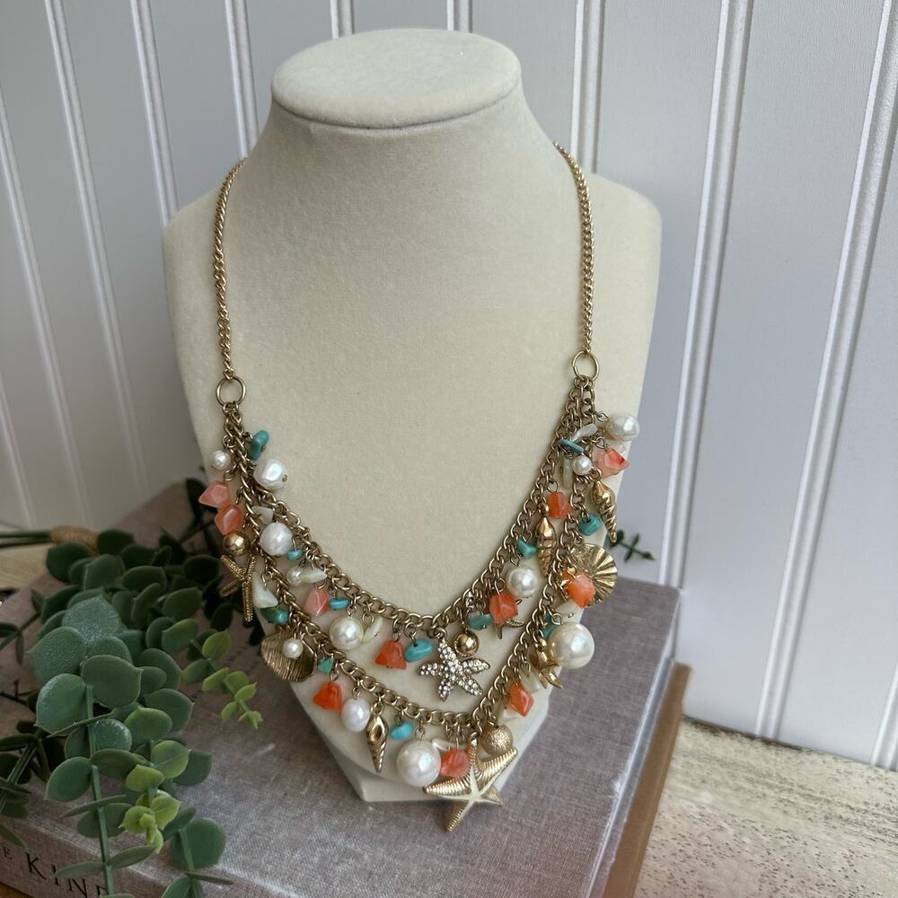 Vintage Double Chain Seashell Necklace Turquoise, Coral Nautical Beach Jewelry